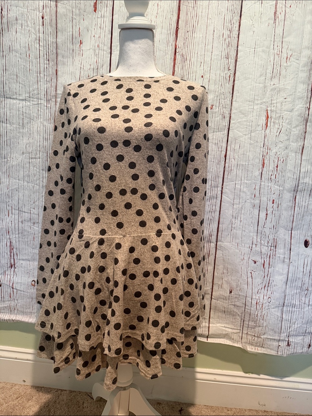 Polka Dot Long-Sleeve Flared Dress in gray and Black